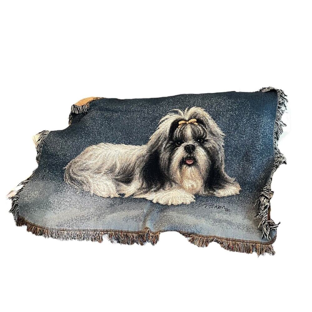 Vintage Shih -Tzu Dog Tapestry Throw Blanket With Fringe 48" x 60" EUC
